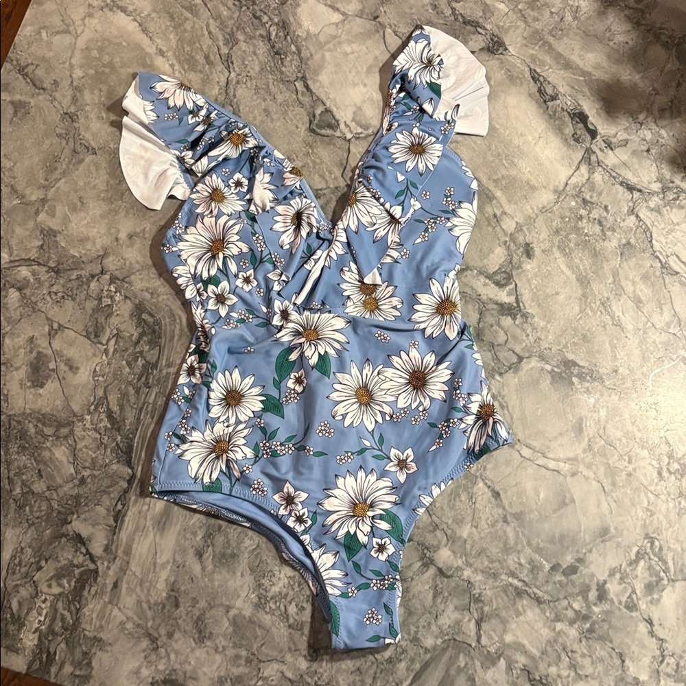 Jessica Simpson steel blue and white daisy Multi One Piece Bathing Suit